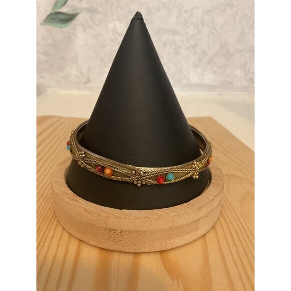 Antique Gold-Tone Indian-Inspired Bangle Bracelet With Colorful Beads - Picture 4 of 4